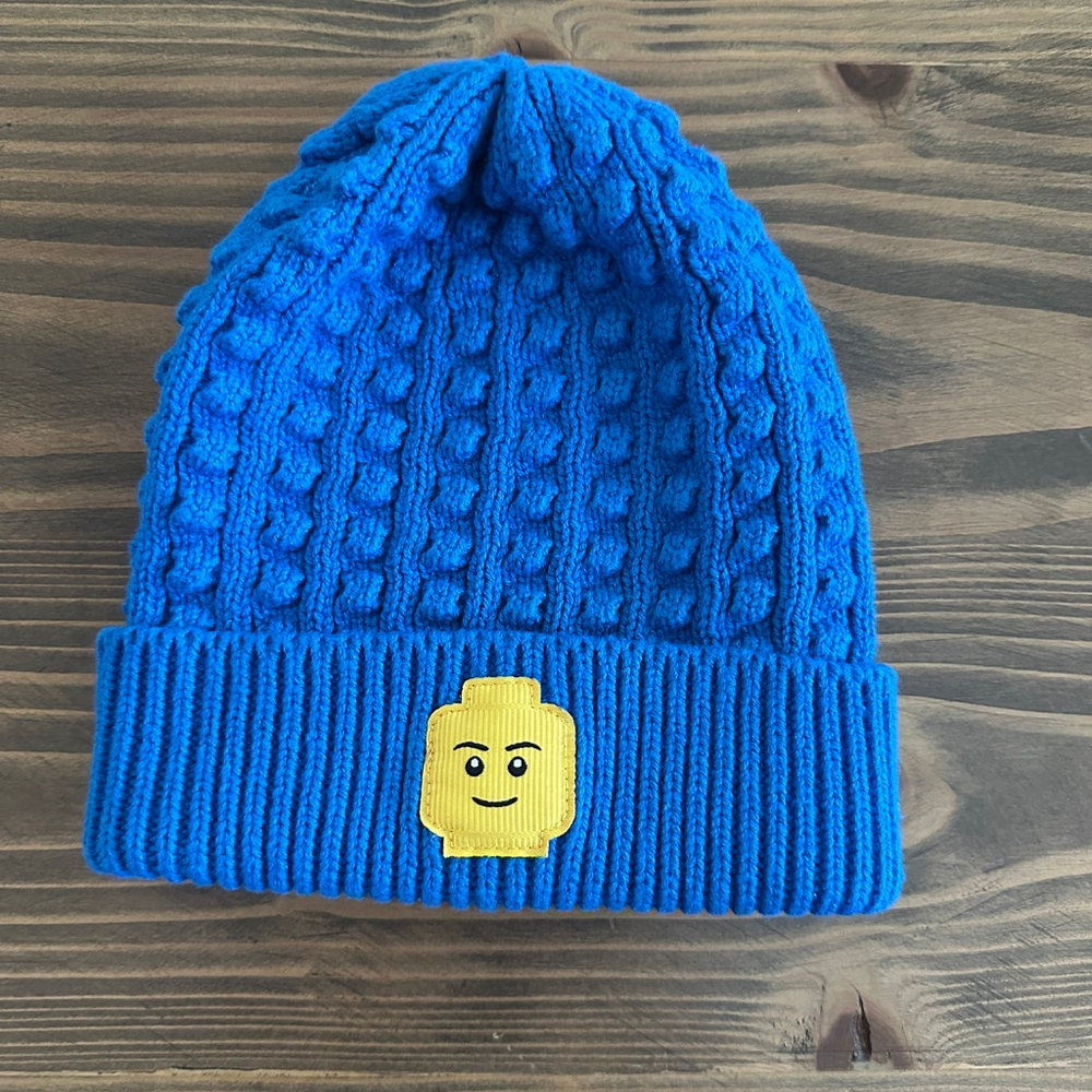 Boys LEGO Blue Knit Beanie Hat 2T–5T Yellow Logo Patch Brick head Winter